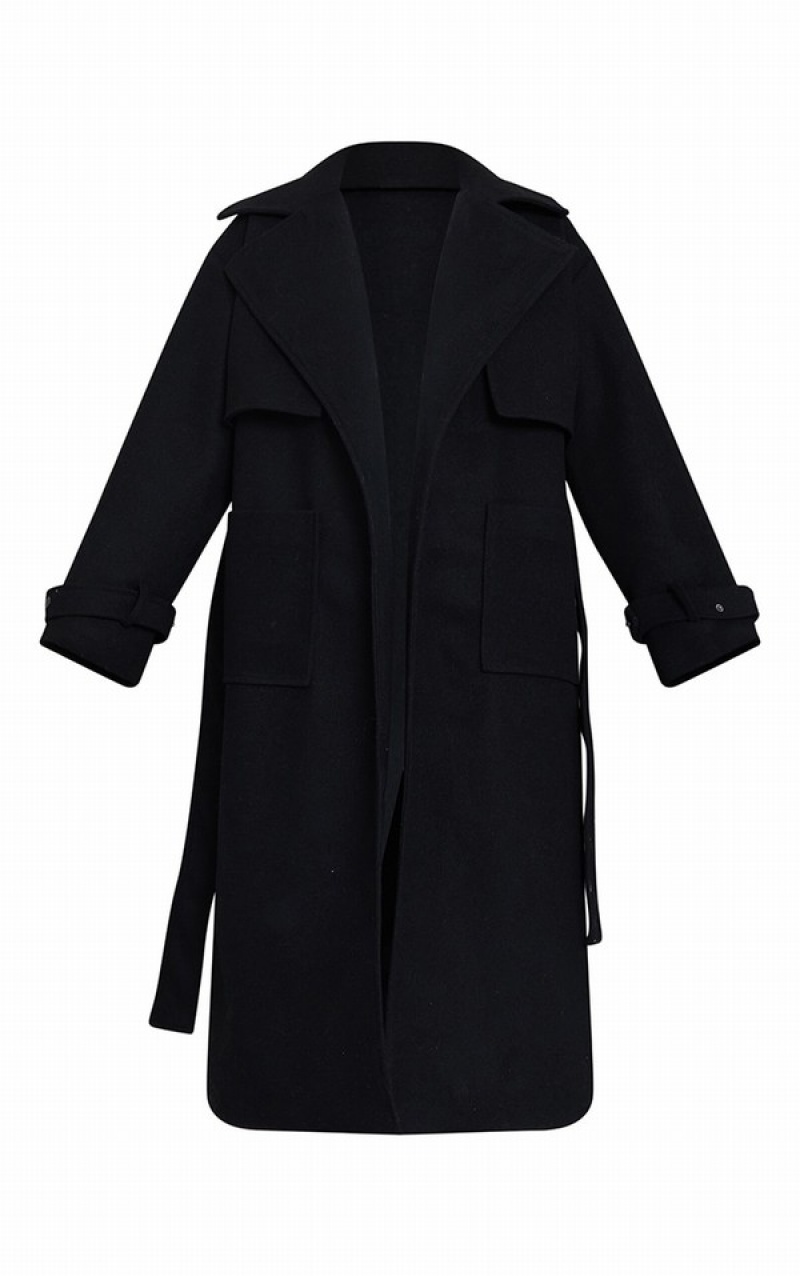 Black Pretty Little Thing Maxi Panel Detail ed Coats | GFSTRIU-34