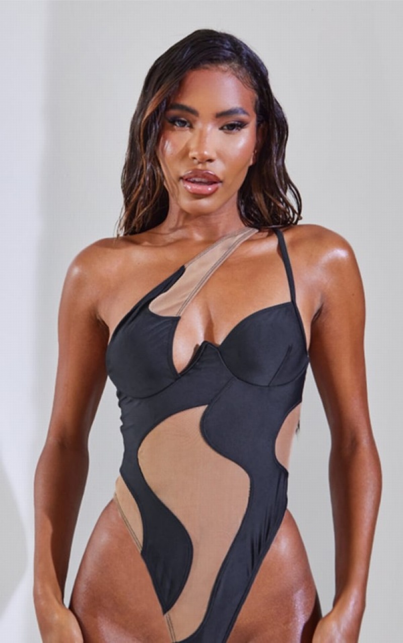 Black Pretty Little Thing Mesh Panel Underwire Swimsuits | RLBOVFP-63