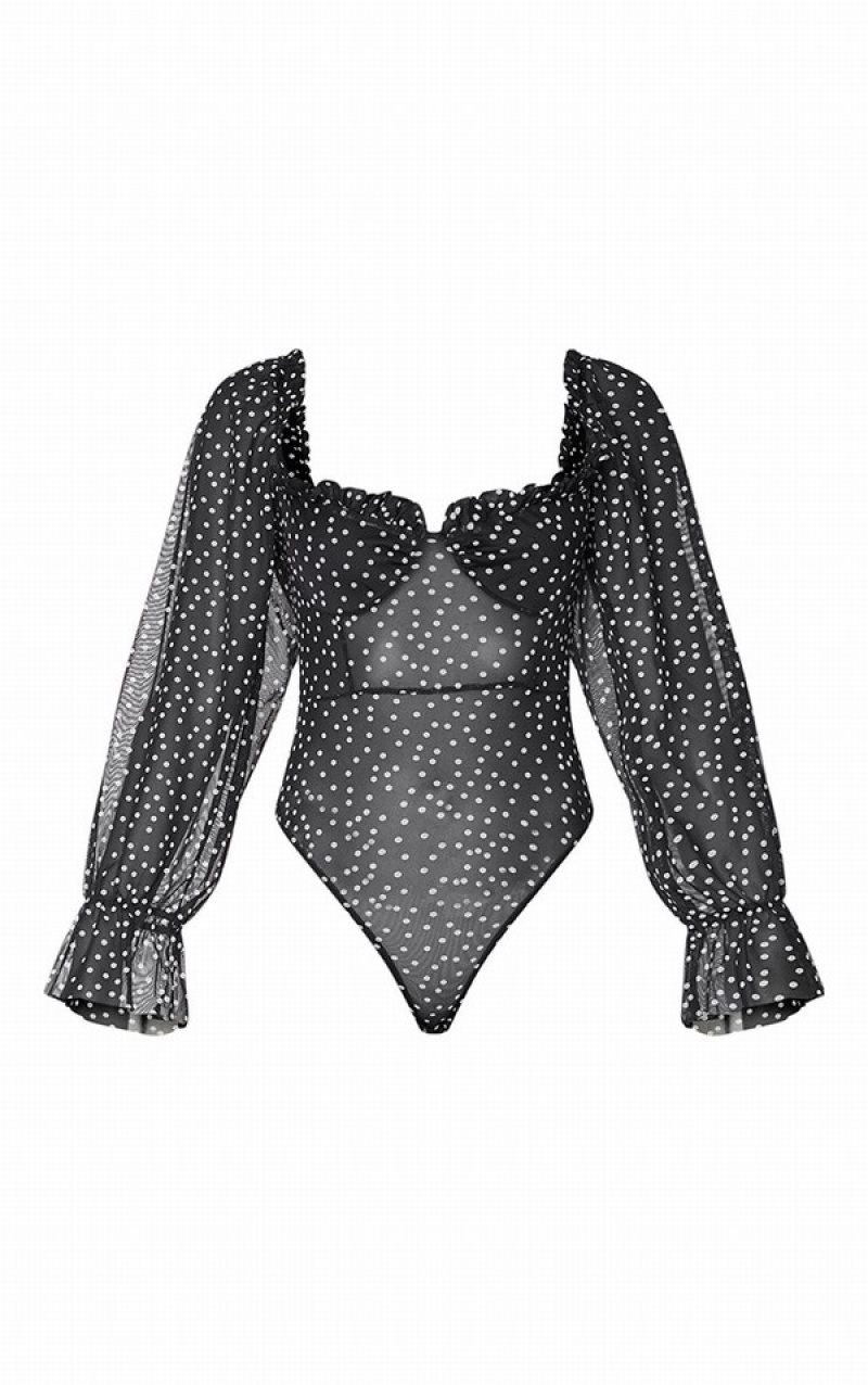 Black Pretty Little Thing Mesh Polka Dot Milkmaid Bodysuits | CAQPVZB-57