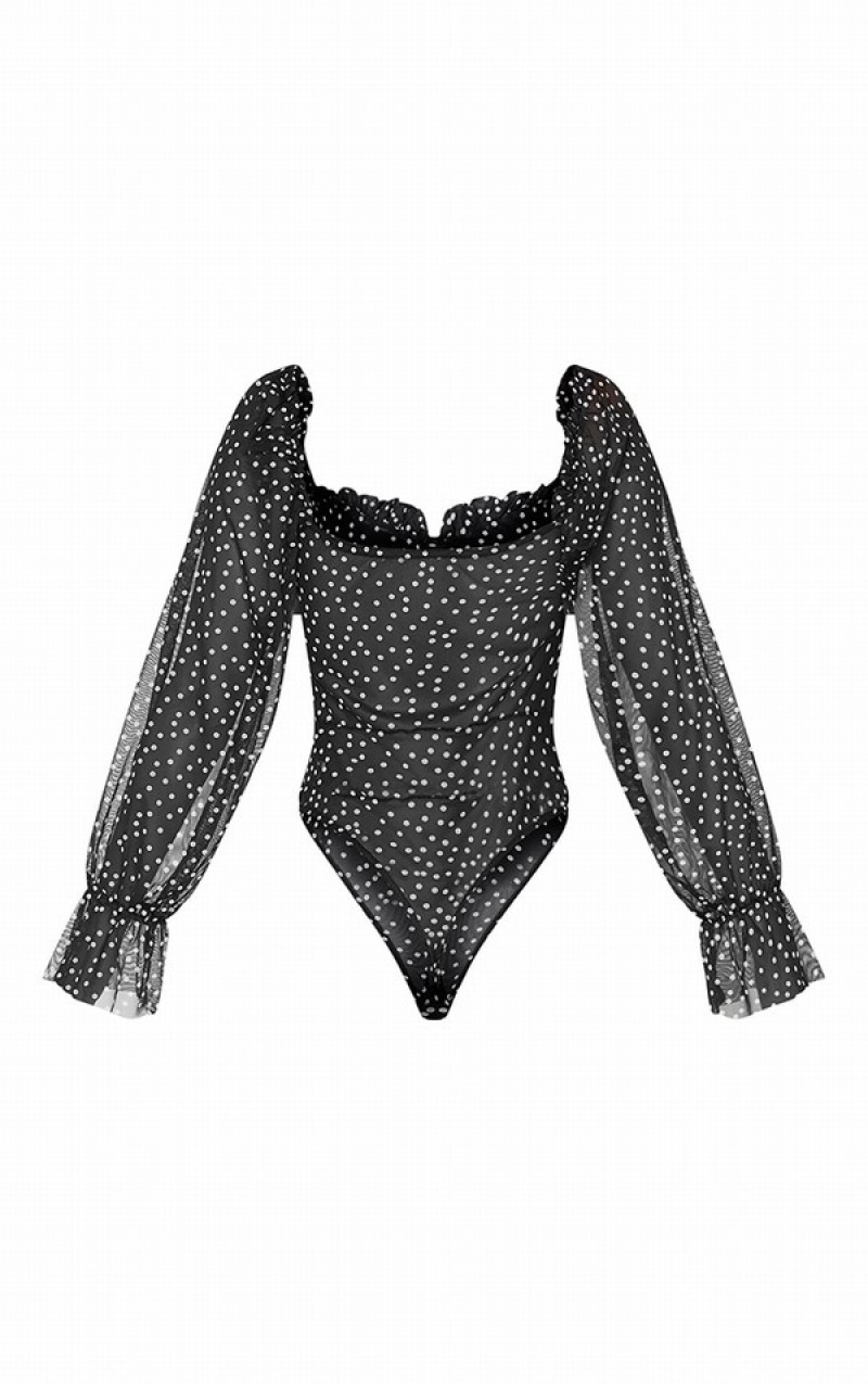 Black Pretty Little Thing Mesh Polka Dot Milkmaid Bodysuits | CAQPVZB-57