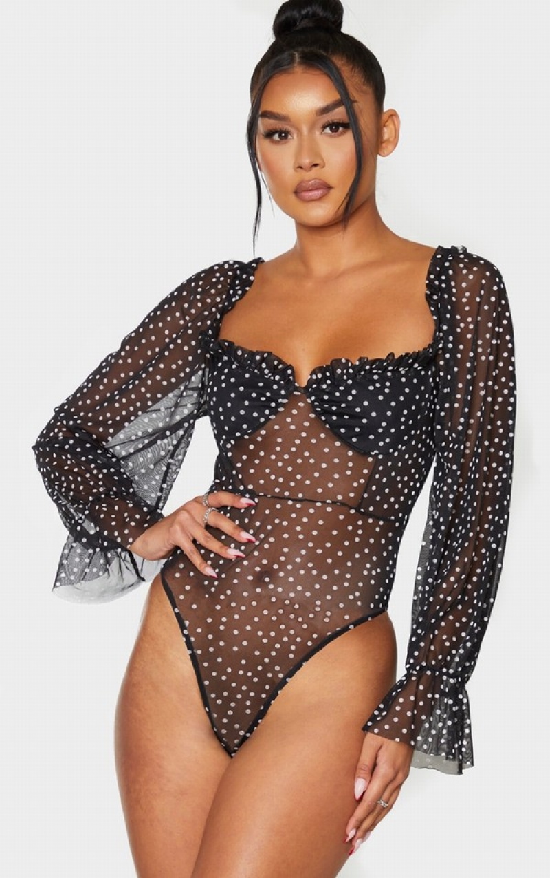 Black Pretty Little Thing Mesh Polka Dot Milkmaid Bodysuits | CAQPVZB-57