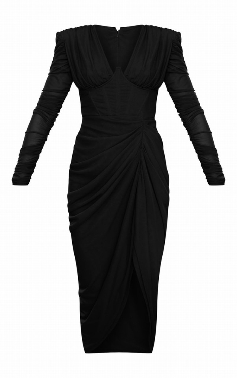 Black Pretty Little Thing Mesh Ruched Long Sleeve Draped Dresses | UIQBNEH-10