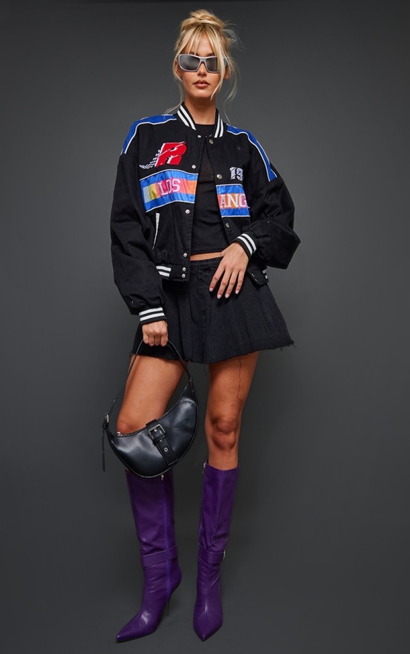 Black Pretty Little Thing Motocross Zip Through Bomber Jackets | RFAKJQL-47