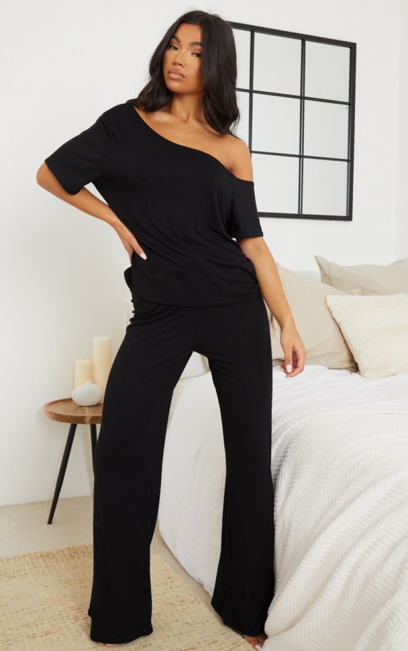 Black Pretty Little Thing Off The Shoulder Bottoms PJ Sleepwear | GVFYDPI-62