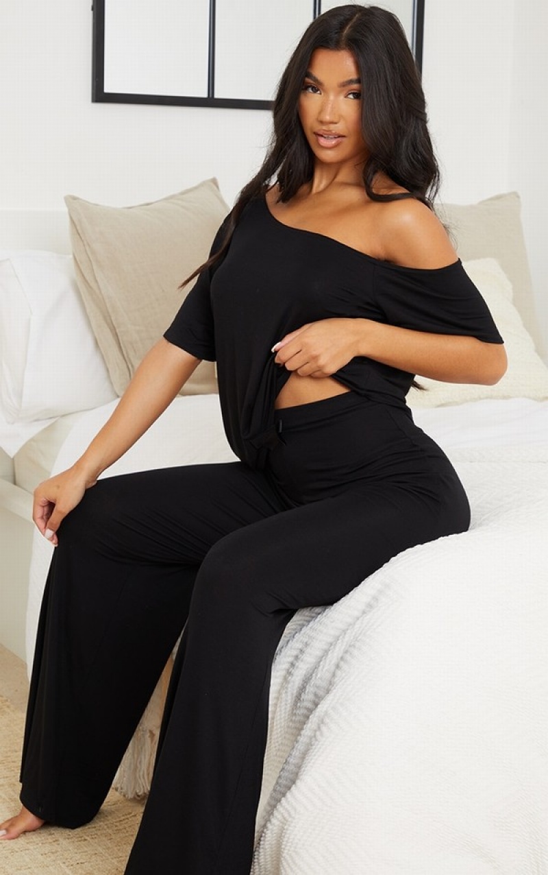 Black Pretty Little Thing Off The Shoulder Bottoms PJ Sleepwear | GVFYDPI-62