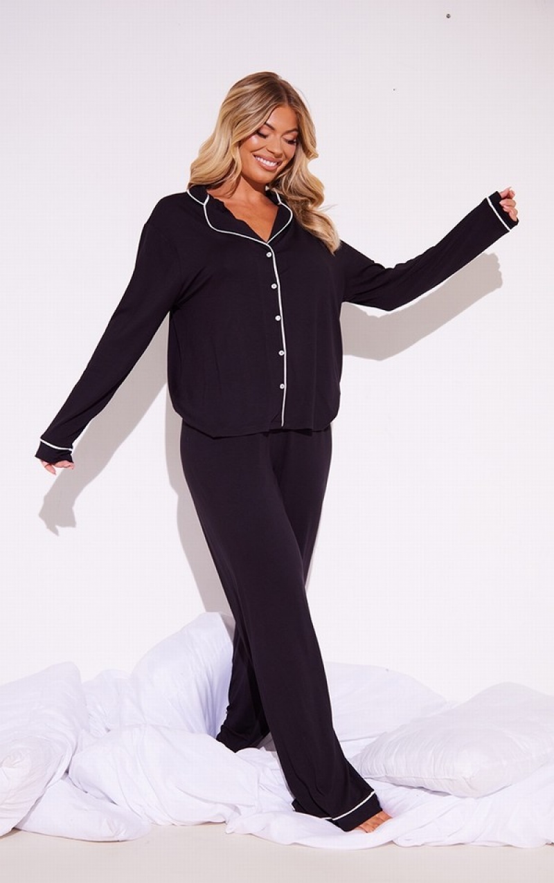 Black Pretty Little Thing Oversized Jersey Piping Detail Long PJ Sleepwear | PIXZSWQ-21