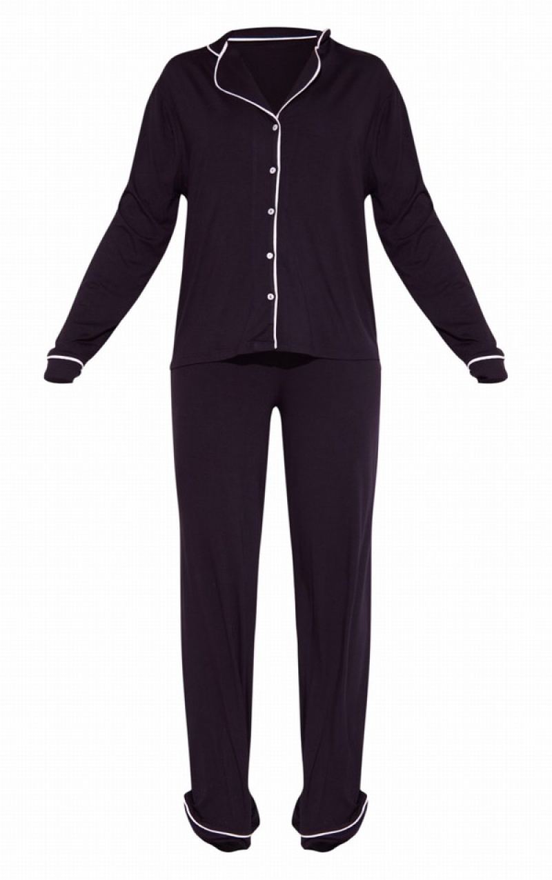 Black Pretty Little Thing Oversized Jersey Piping Detail Long PJ Sleepwear | PIXZSWQ-21