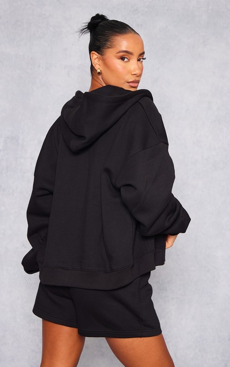 Black Pretty Little Thing Oversized Zip Up Hoodie | JLCTUMN-23