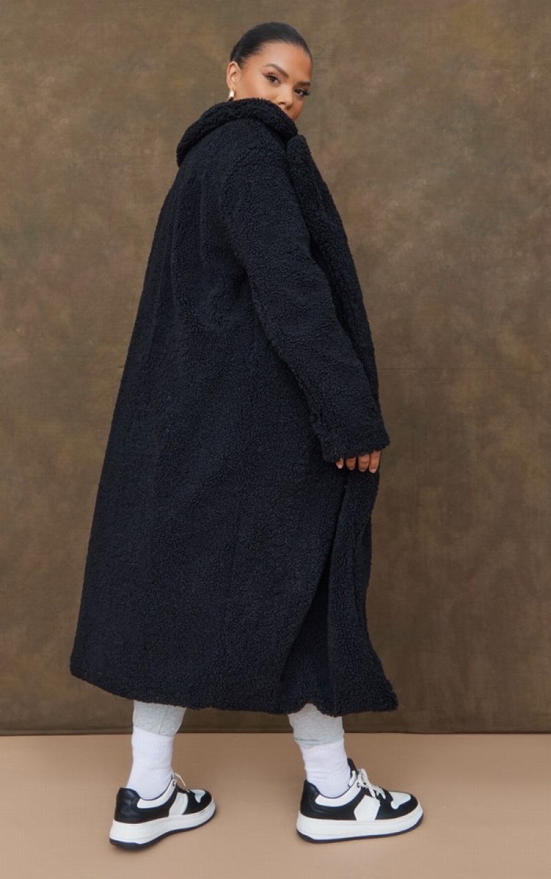 Black Pretty Little Thing PLT Label Plus Longline Borg Coats | OPXGQZI-72