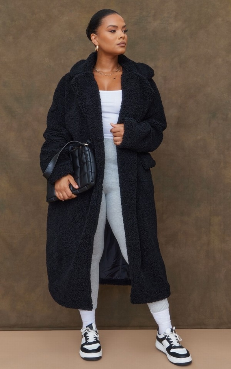 Black Pretty Little Thing PLT Label Plus Longline Borg Coats | OPXGQZI-72