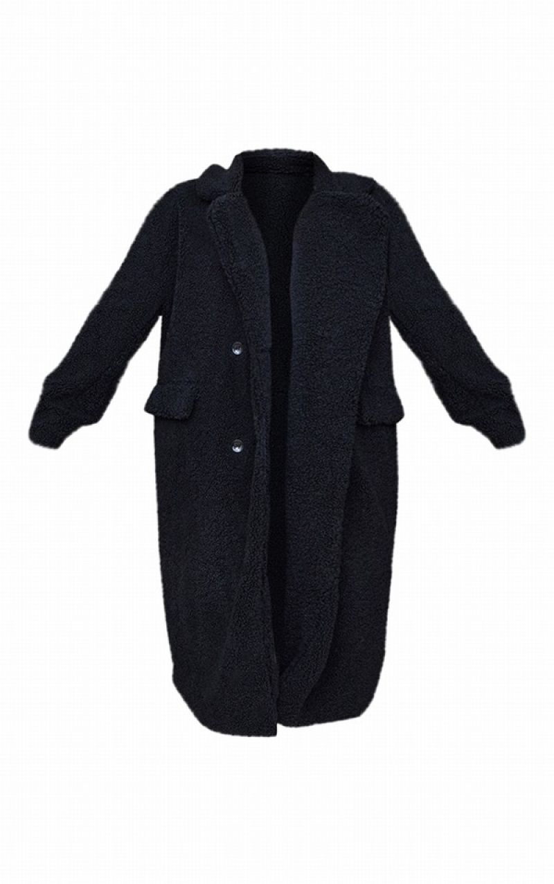 Black Pretty Little Thing PLT Label Plus Longline Borg Coats | OPXGQZI-72