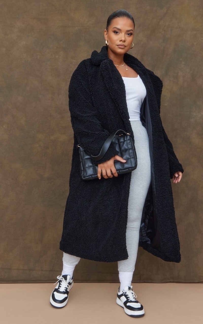 Black Pretty Little Thing PLT Label Plus Longline Borg Coats | OPXGQZI-72