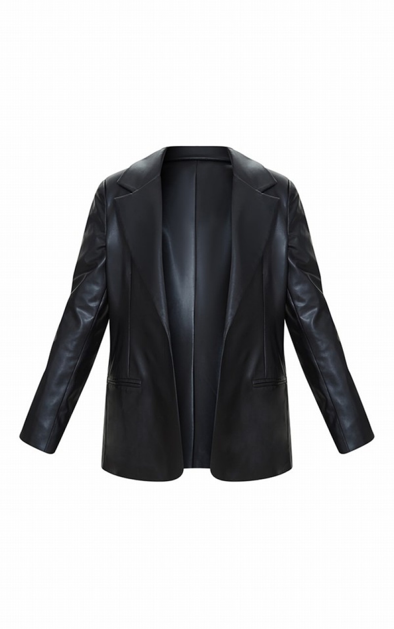 Black Pretty Little Thing PLT Label Plus Faux Leather Blazers | FDXHAVO-82