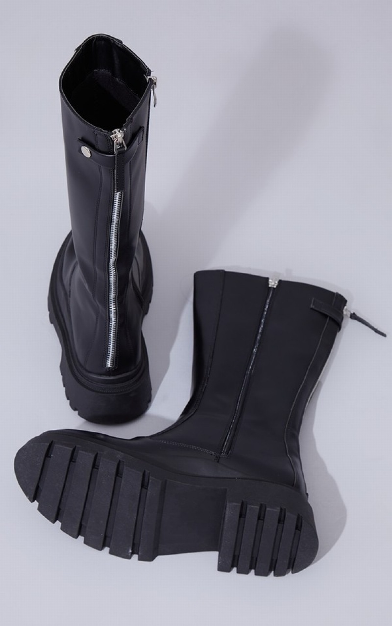 Black Pretty Little Thing PU Calf High Zip Back Chunky Boots | PRMBOIH-10