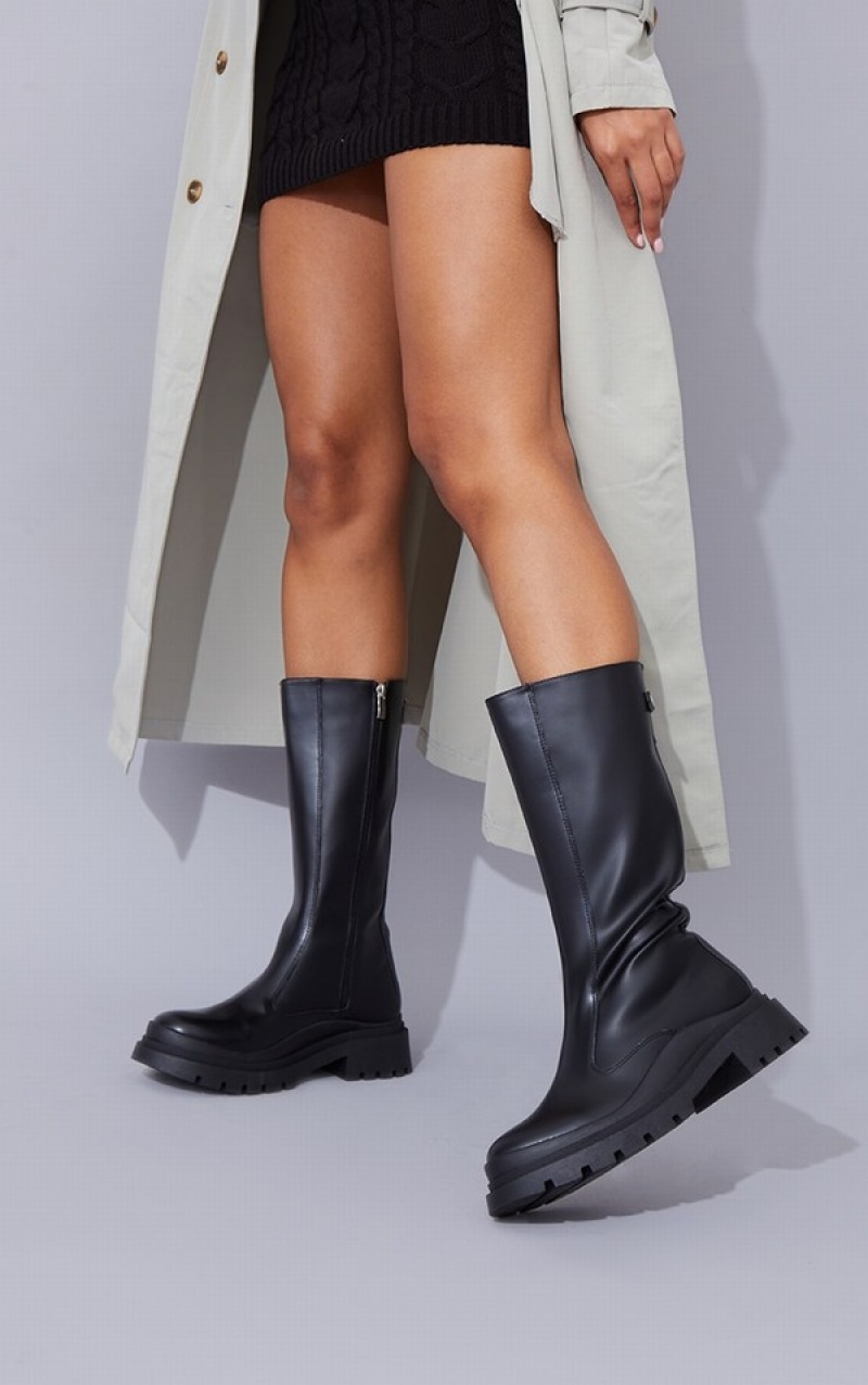 Black Pretty Little Thing PU Calf High Zip Back Chunky Boots | PRMBOIH-10