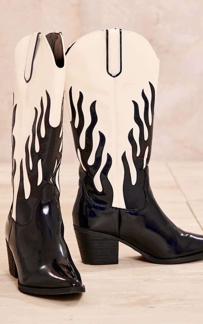 Black Pretty Little Thing PU Contrast Flame Western Knee High Boots | IDUEGRF-13