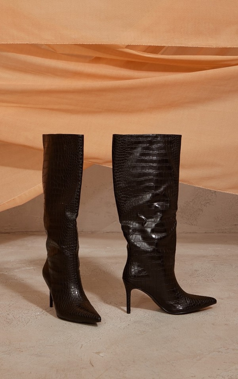 Black Pretty Little Thing PU Croc Detail Point Toe Stilettoed Knee Boots | NOJMAIV-19