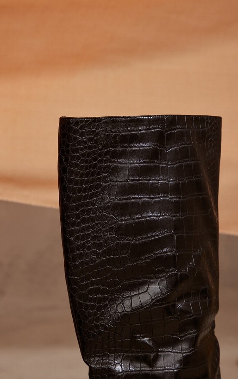 Black Pretty Little Thing PU Croc Detail Point Toe Stilettoed Knee Boots | NOJMAIV-19