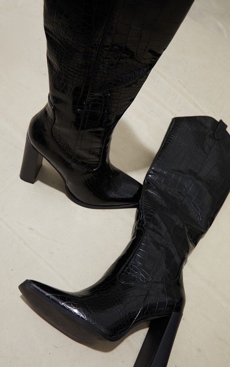 Black Pretty Little Thing PU Croc Square Toe Curved Edge Knee High Boots | JIKENFU-07