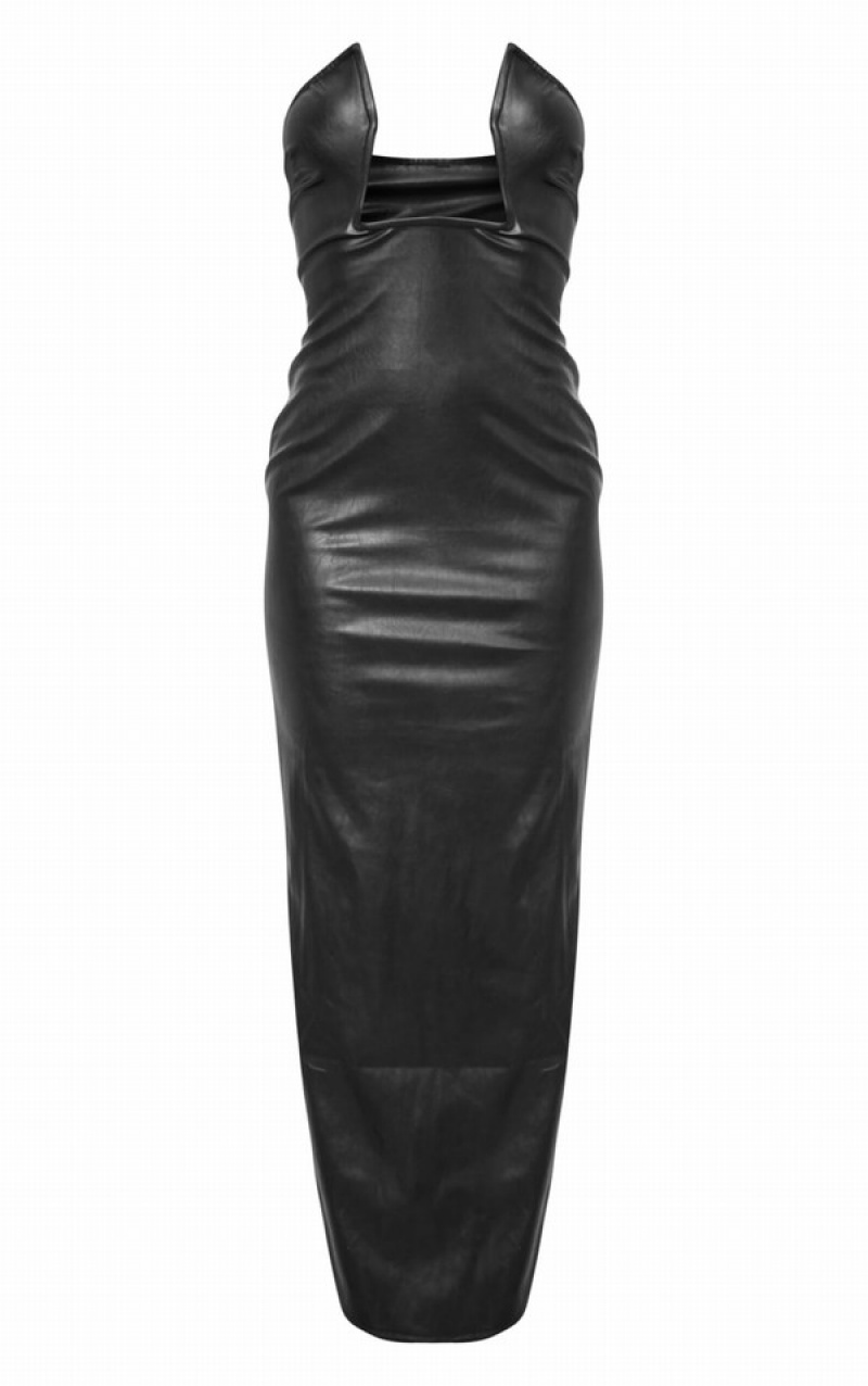 Black Pretty Little Thing PU Extreme V Bar Midaxi Dresses | GMKYSWV-70