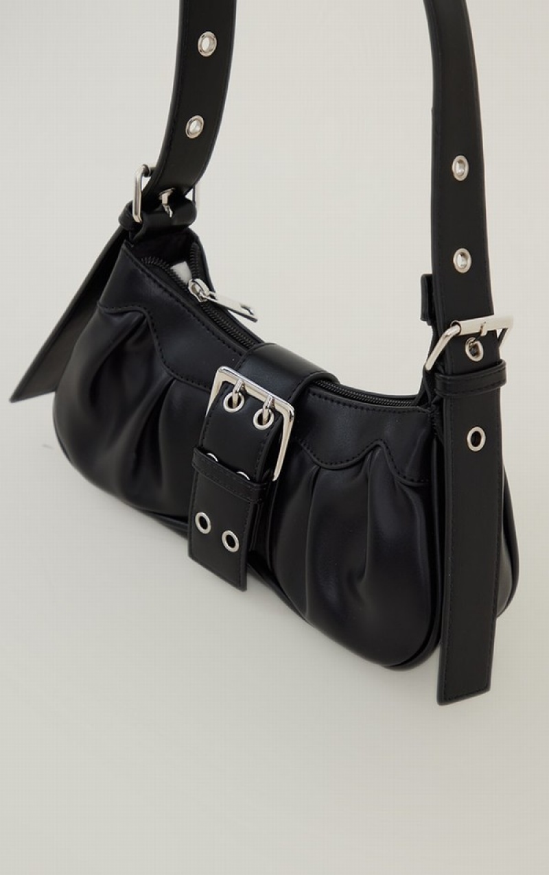 Black Pretty Little Thing PU Eyelet Buckle Shoulder Bags | ZOBECPK-57