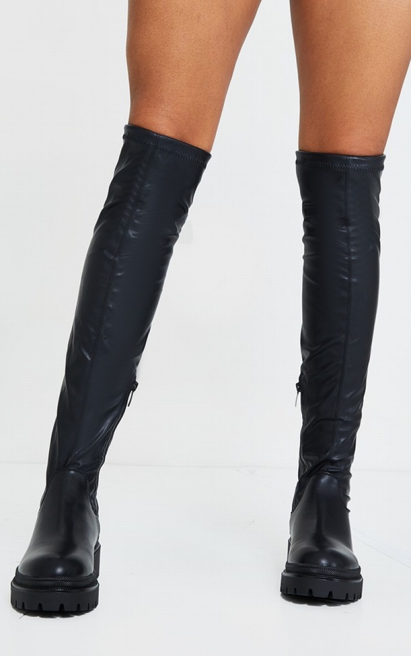 Black Pretty Little Thing PU Over The Knee Chunky Boots | TALNJUX-43