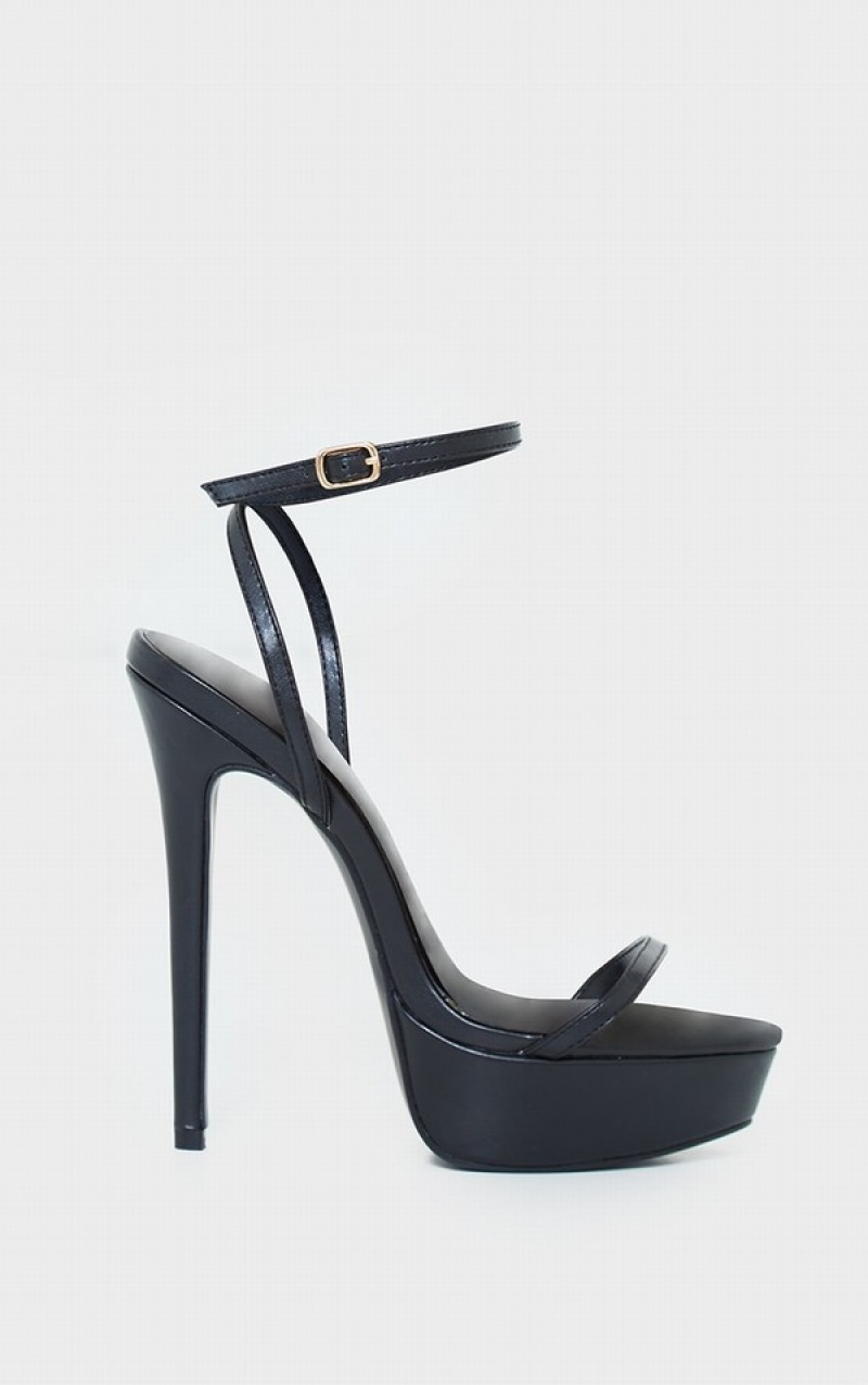 Black Pretty Little Thing PU Platform Strappy Highs Heels | PGUSKAZ-23