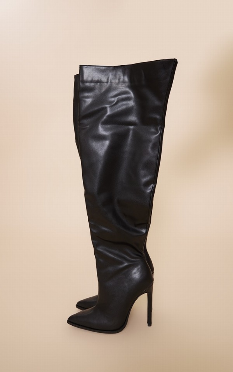 Black Pretty Little Thing PU Point Toe Edge Over The Knee Stilettoed Boots | NXWOPSA-45