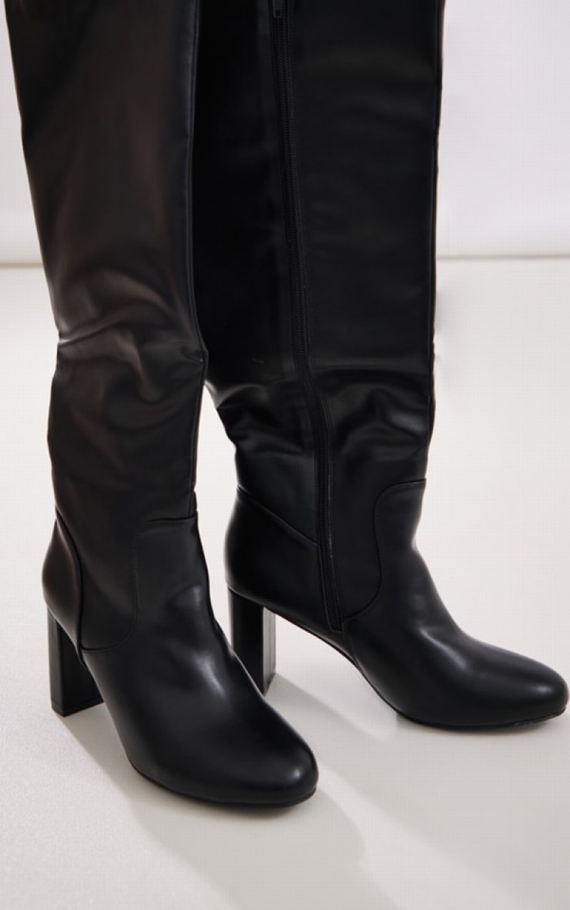 Black Pretty Little Thing PU Round Toe Stitch Detail High Blocked Knee Boots | BGLKNEQ-09