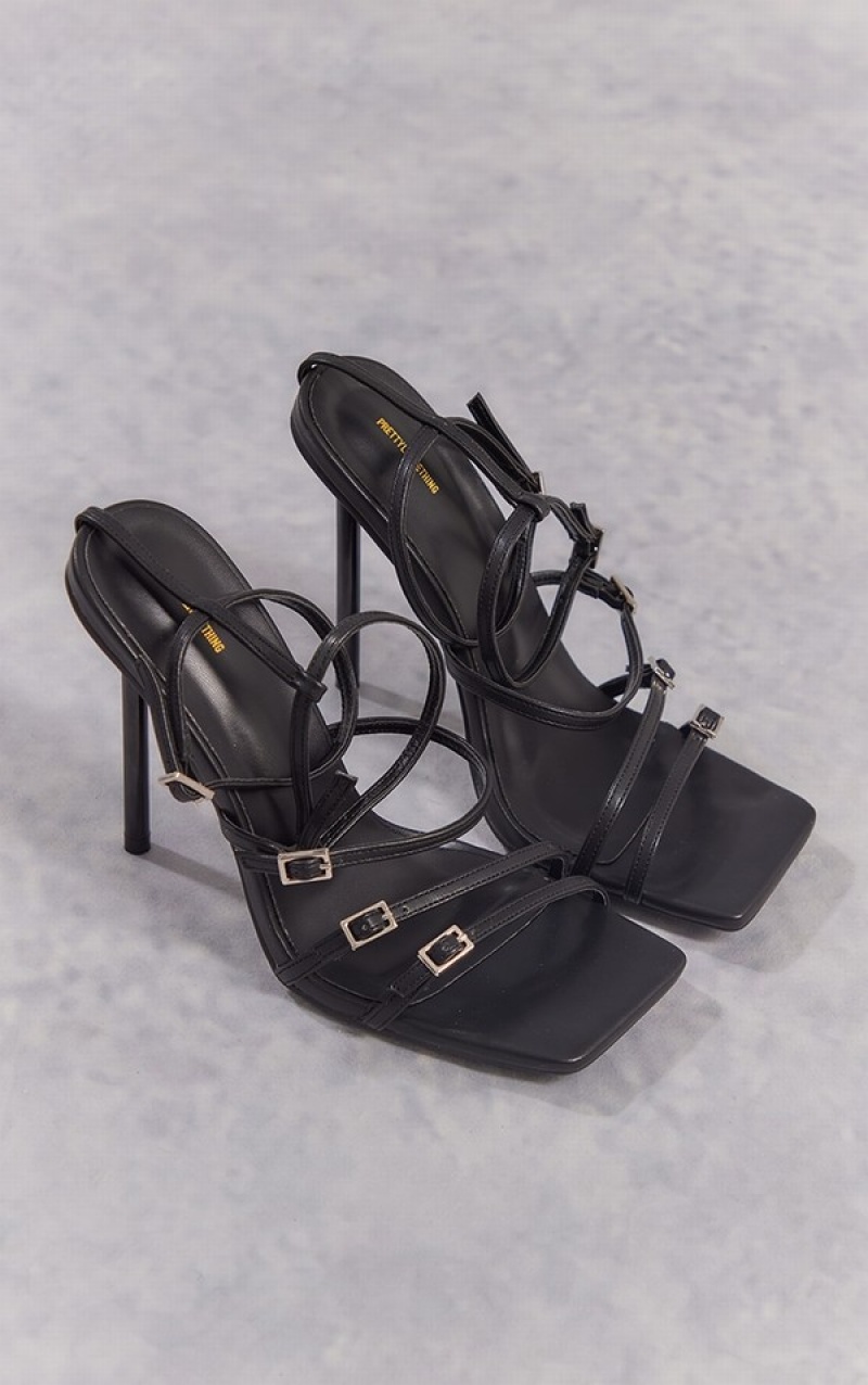 Black Pretty Little Thing PU Square Toe Triple Buckle Strap High Heels | NWLCJTP-16