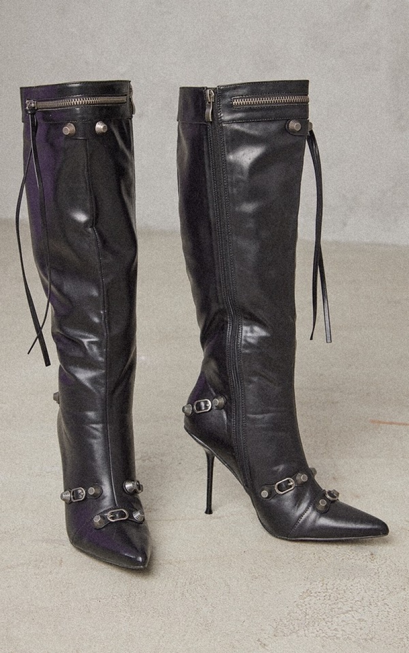 Black Pretty Little Thing PU Zip Detail Point Toe Mided Knee Boots | VKATNGO-96