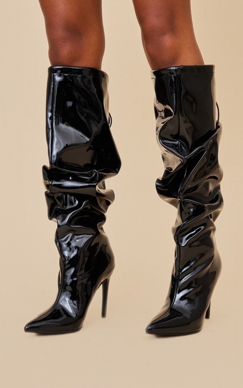 Black Pretty Little Thing Patent Pu Point Toe Ruched Knee Boots | JXFTLVH-41