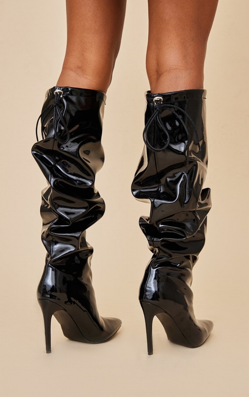 Black Pretty Little Thing Patent Pu Point Toe Ruched Knee Boots | JXFTLVH-41