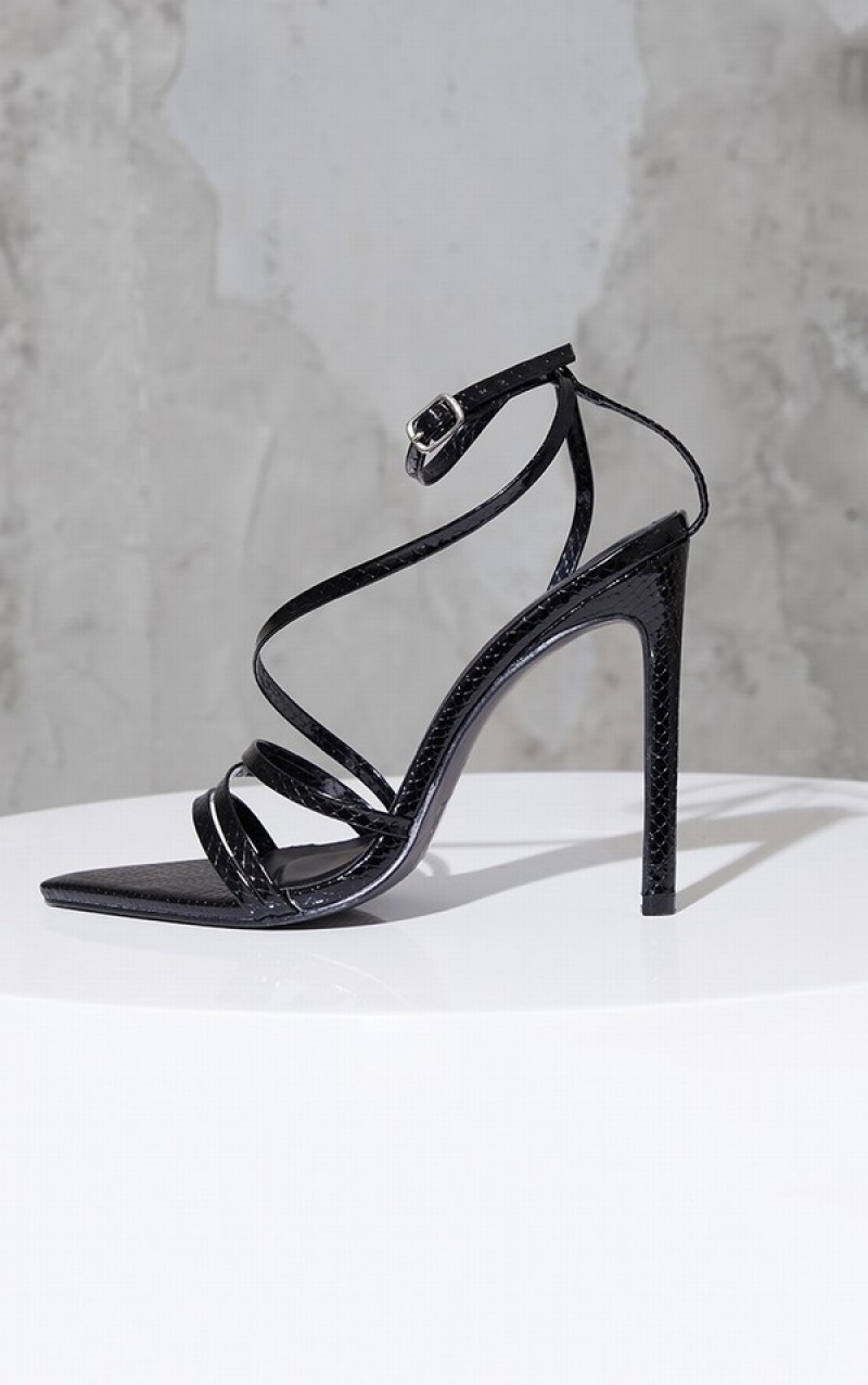 Black Pretty Little Thing Patent Snake Pu Point Toe Strappy Stiletto Heels | JIRQCGA-90