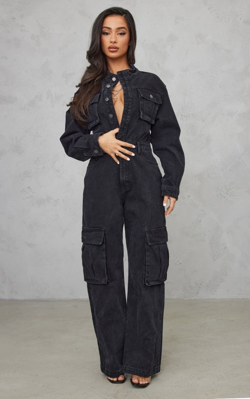 Black Pretty Little Thing Petite Cargo Wide Leg Jumpsuits | UBQKXSY-50