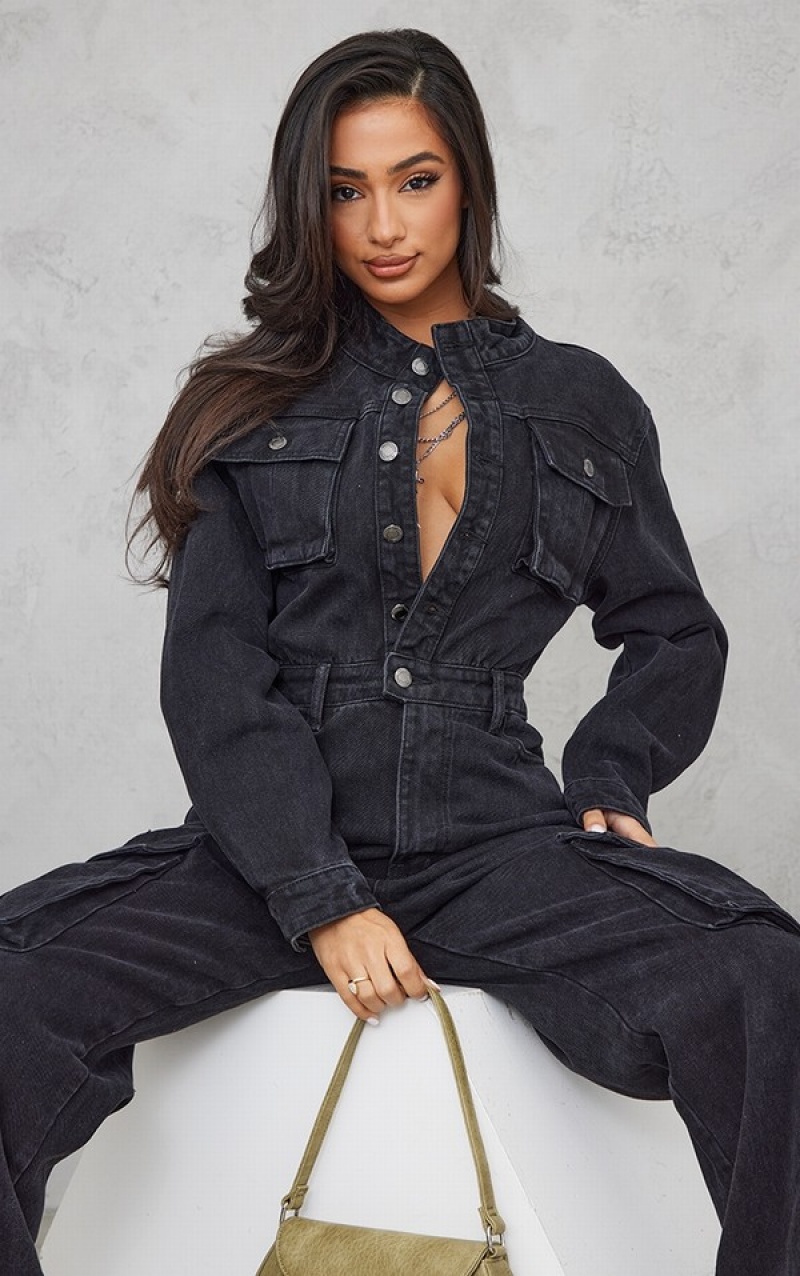 Black Pretty Little Thing Petite Cargo Wide Leg Jumpsuits | UBQKXSY-50