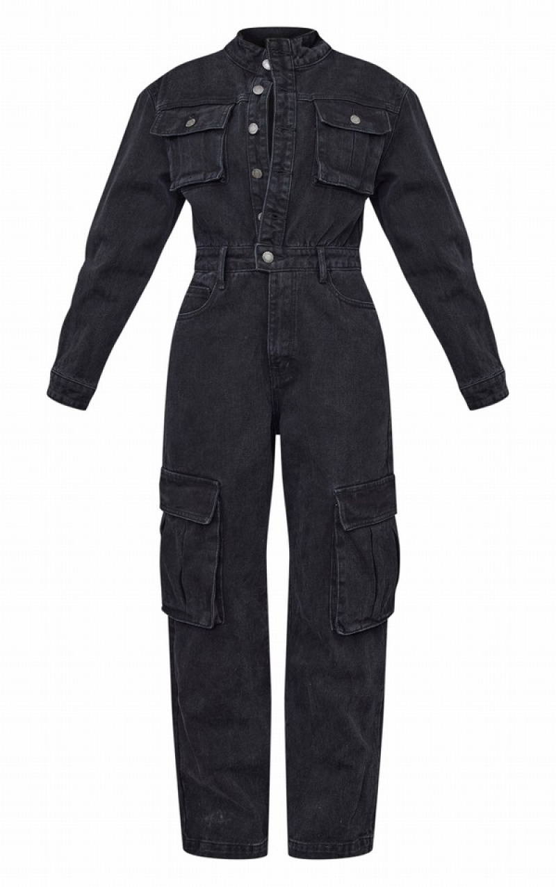 Black Pretty Little Thing Petite Cargo Wide Leg Jumpsuits | UBQKXSY-50