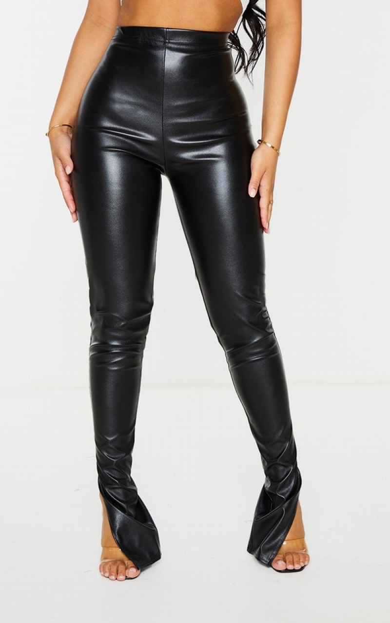 Black Pretty Little Thing Petite Faux Leather Split Hem Leggings | UAJGWBI-07