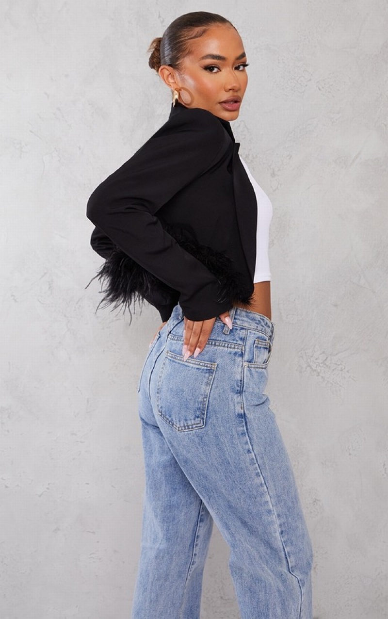 Black Pretty Little Thing Petite Feather Edge Cropped Blazers | WMDORSL-89