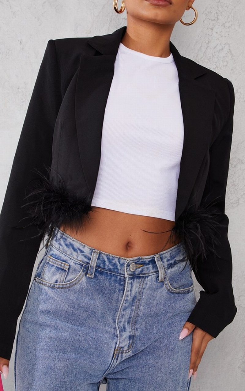 Black Pretty Little Thing Petite Feather Edge Cropped Blazers | WMDORSL-89