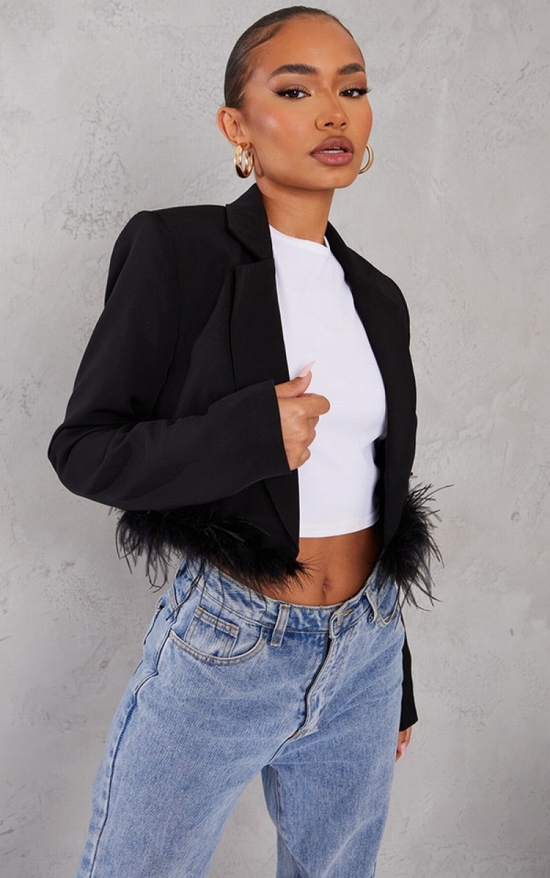 Black Pretty Little Thing Petite Feather Edge Cropped Blazers | WMDORSL-89