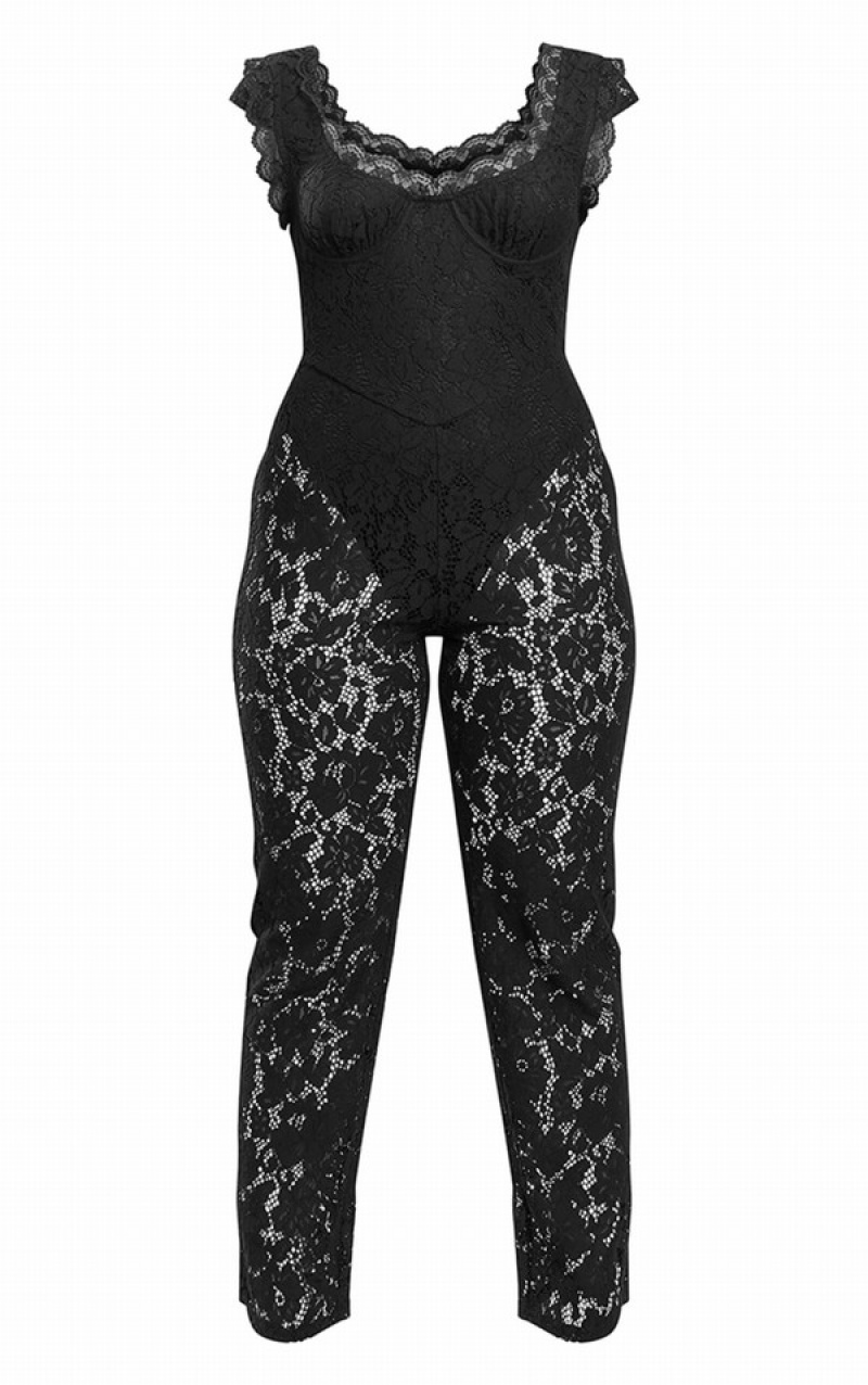 Black Pretty Little Thing Petite Lace Detail Jumpsuits | HCPGLIW-71