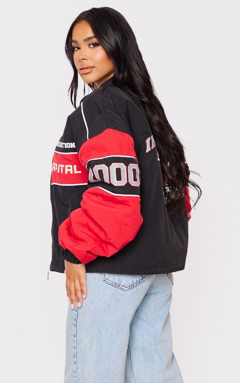 Black Pretty Little Thing Petite Oversized Graphic Zipped Racer Bomber Jackets | OSXTELK-32