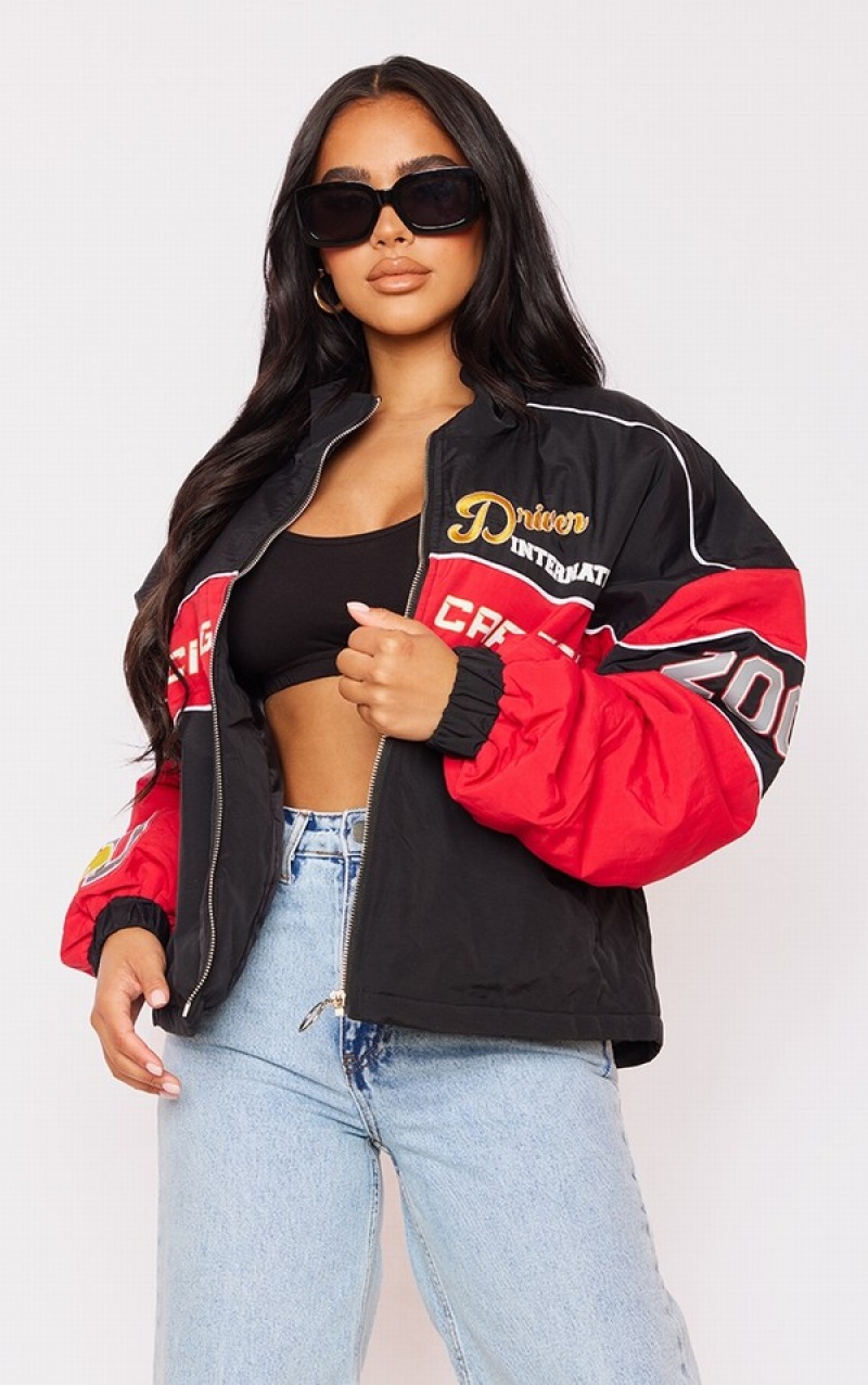 Black Pretty Little Thing Petite Oversized Graphic Zipped Racer Bomber Jackets | OSXTELK-32