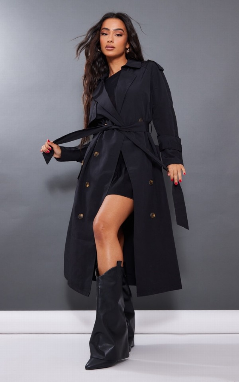 Black Pretty Little Thing Petite Oversized Trench Coats | YLKWHEX-48