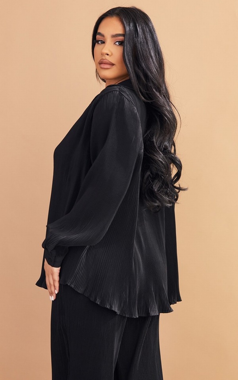 Black Pretty Little Thing Petite Plisse Oversized Cuff Detail Shirts | YATULQN-79