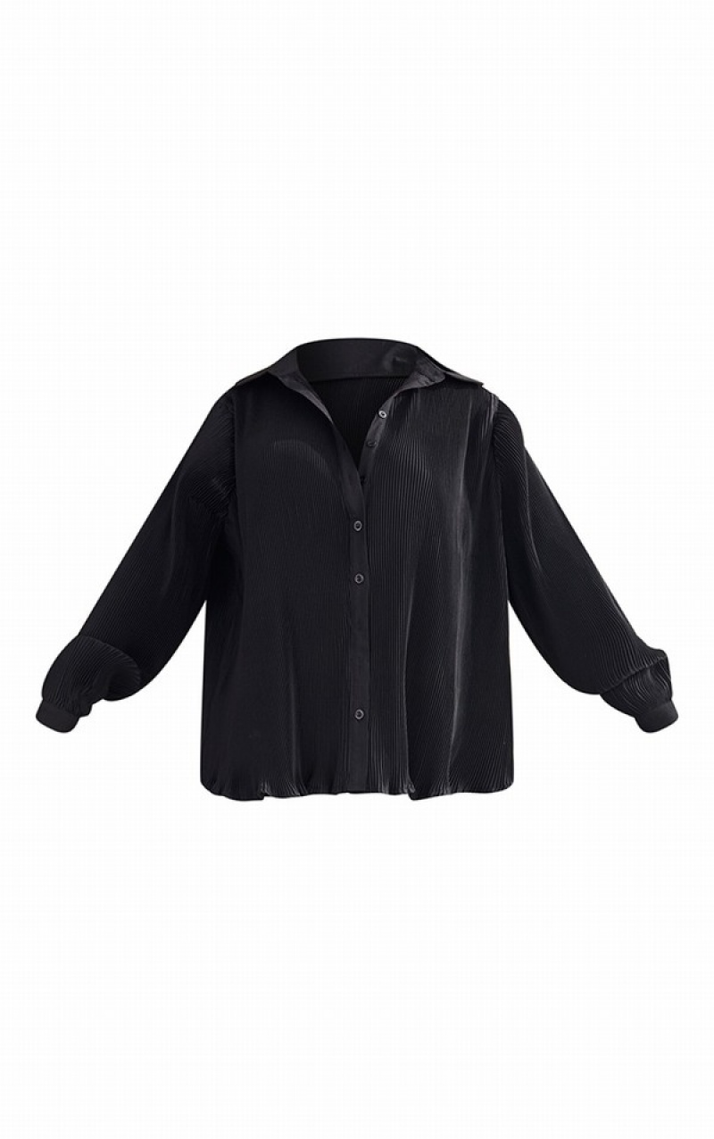 Black Pretty Little Thing Petite Plisse Oversized Cuff Detail Shirts | YATULQN-79