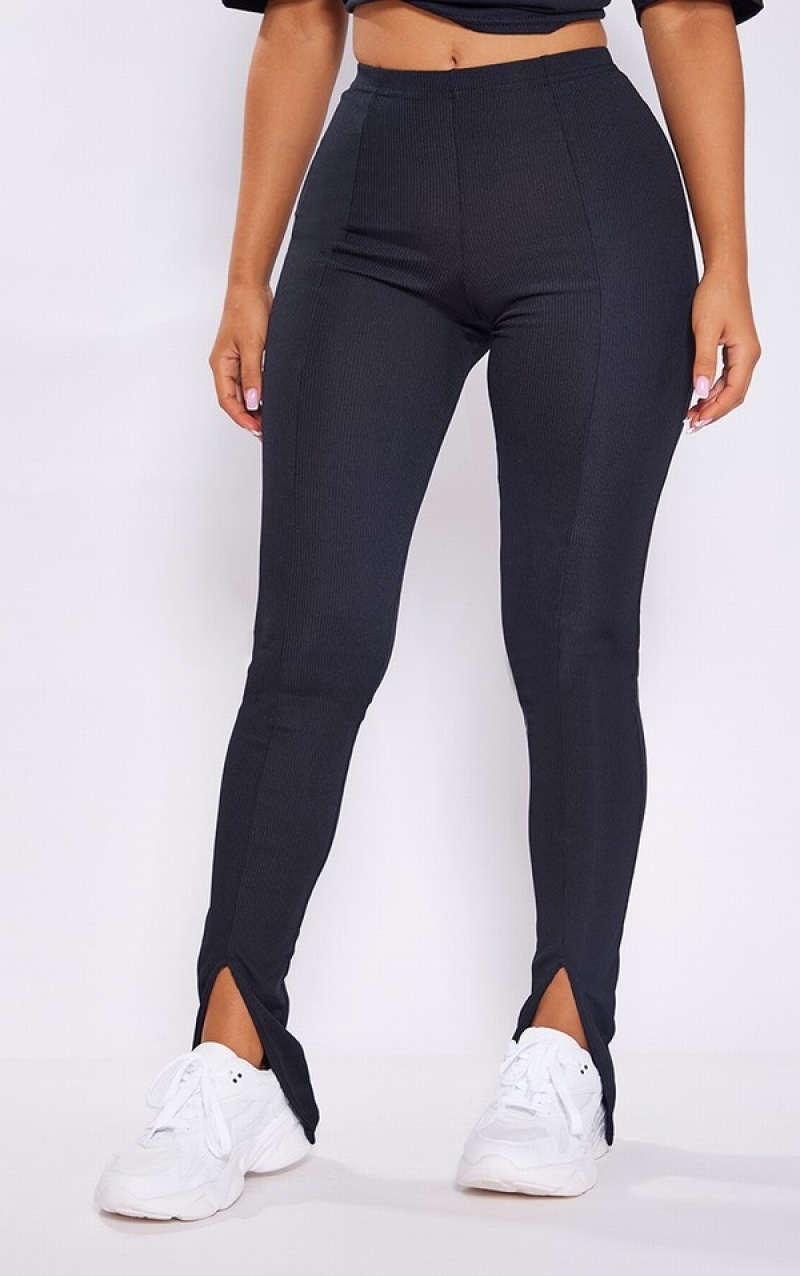 Black Pretty Little Thing Petite Ribbed Split Front Leggings | EBUXWCD-50