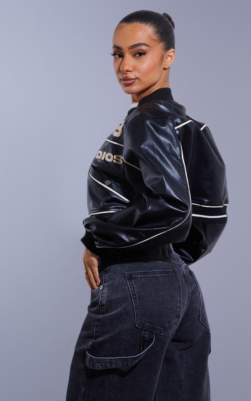 Black Pretty Little Thing Petite Super Cropped Pu Racer Jackets | FBCQVSA-71