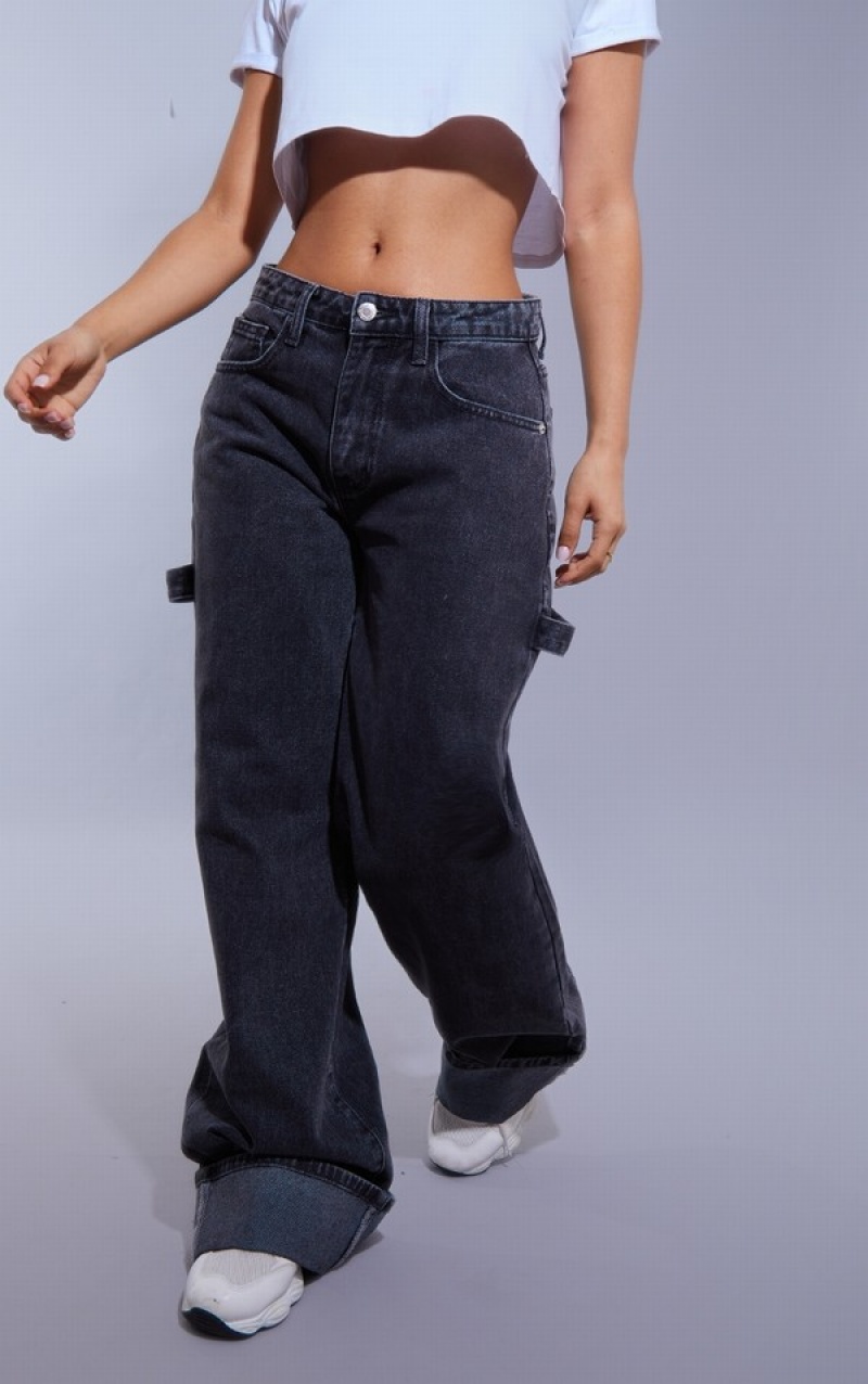 Black Pretty Little Thing Petite Washed Wide Leg With Strap Detail Jeans | OEURFTZ-63